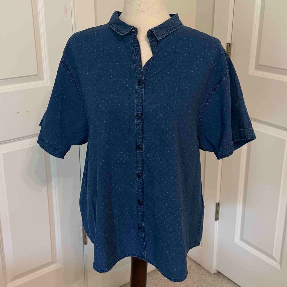 Madewell Denim Swiss Dot Short Sleeve Button Down Top Size L